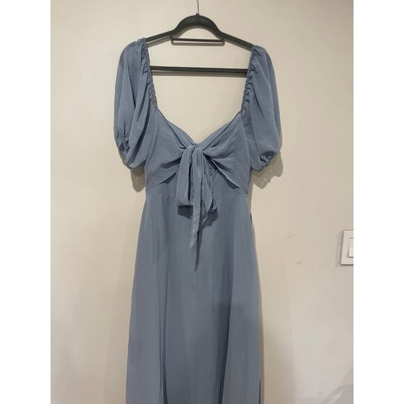 NWT Barbie x Azazie Chiffon A-Line Dress with Puff Sleeve Dusty Blue Women's 6A - Picture 7 of 8